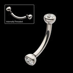Internally Threaded Double Bezel Gem End Curved Barbell Earring / Nosering – Titanium