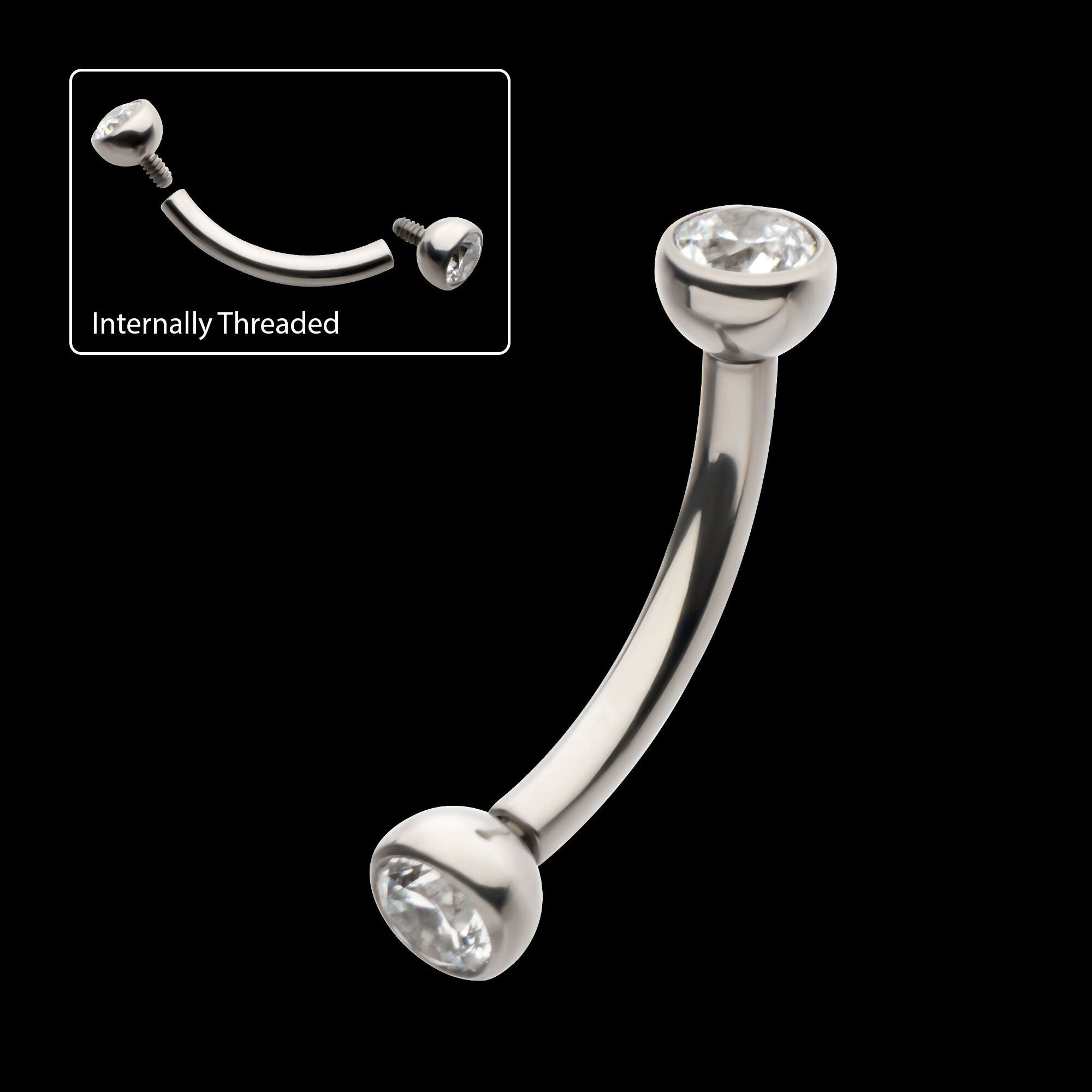 Internally Threaded Double Bezel Gem End Curved Barbell Earring / Nosering – Titanium