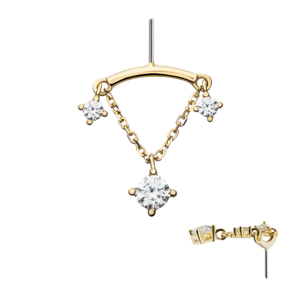 14Kt Gold Vertical Helix Curved Bar Earring with CZ Chain Dangle | Live ...