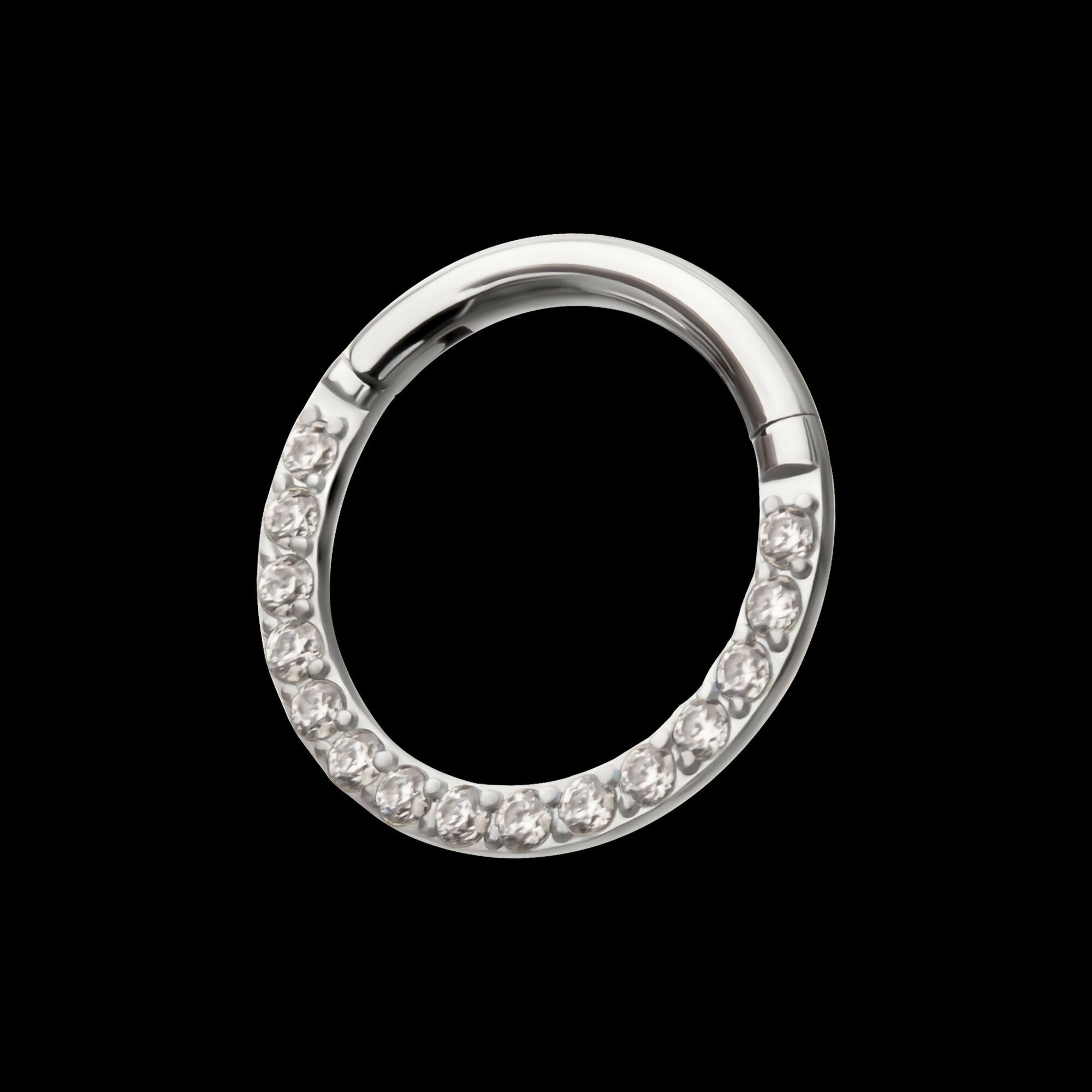 Front Full Clear Eternity Gem Hinged Segment Clicker Hoop Earring / Nosering – Titanium