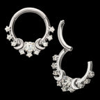 Triple Moon Phase with Prong Set Gem Cluster Front Facing Hinged Segment Clicker Hoop Earring / Nosering – Titanium