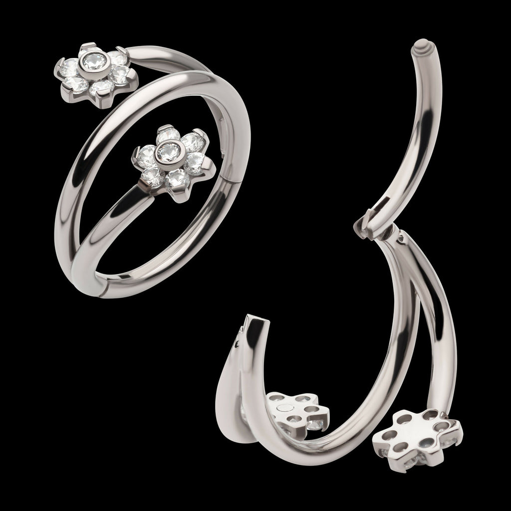 Double Ended Twist Side Facing Hinged Segment Clicker with Flower CZ Hoop Earring / Nosering – Titanium
