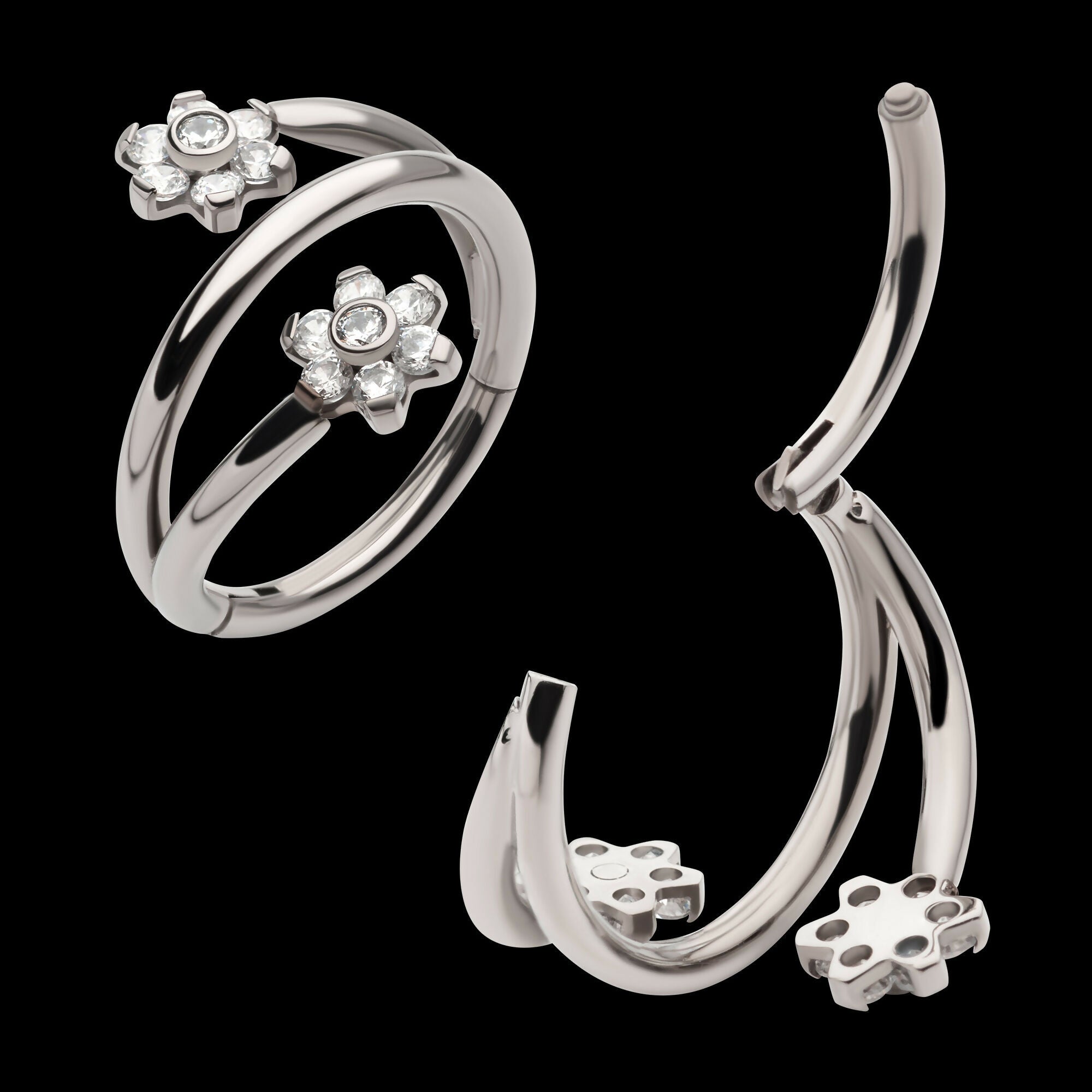 Double Ended Twist Side Facing Hinged Segment Clicker with Flower CZ Hoop Earring / Nosering – Titanium