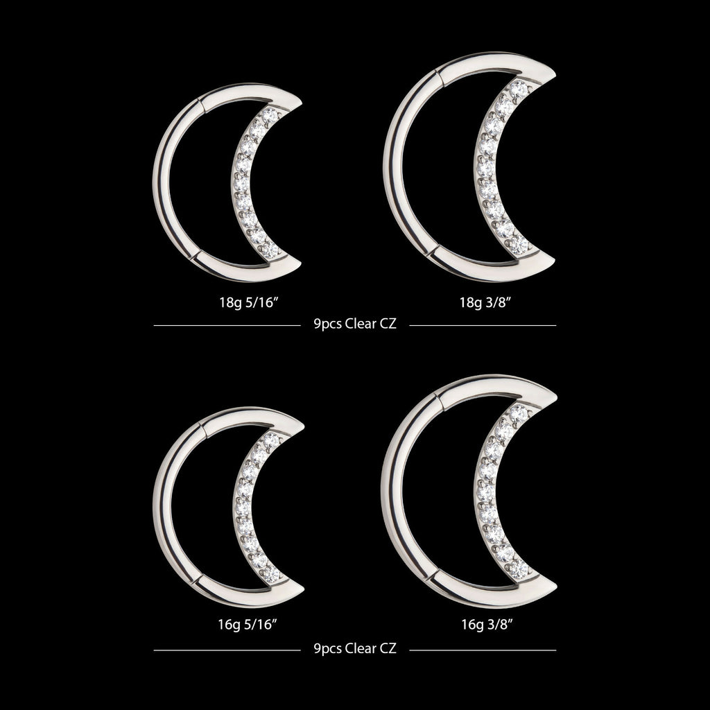 Crescent Moon with CZ Front Facing Hinged Segment Clicker Hoop Earring / Nosering – Titanium