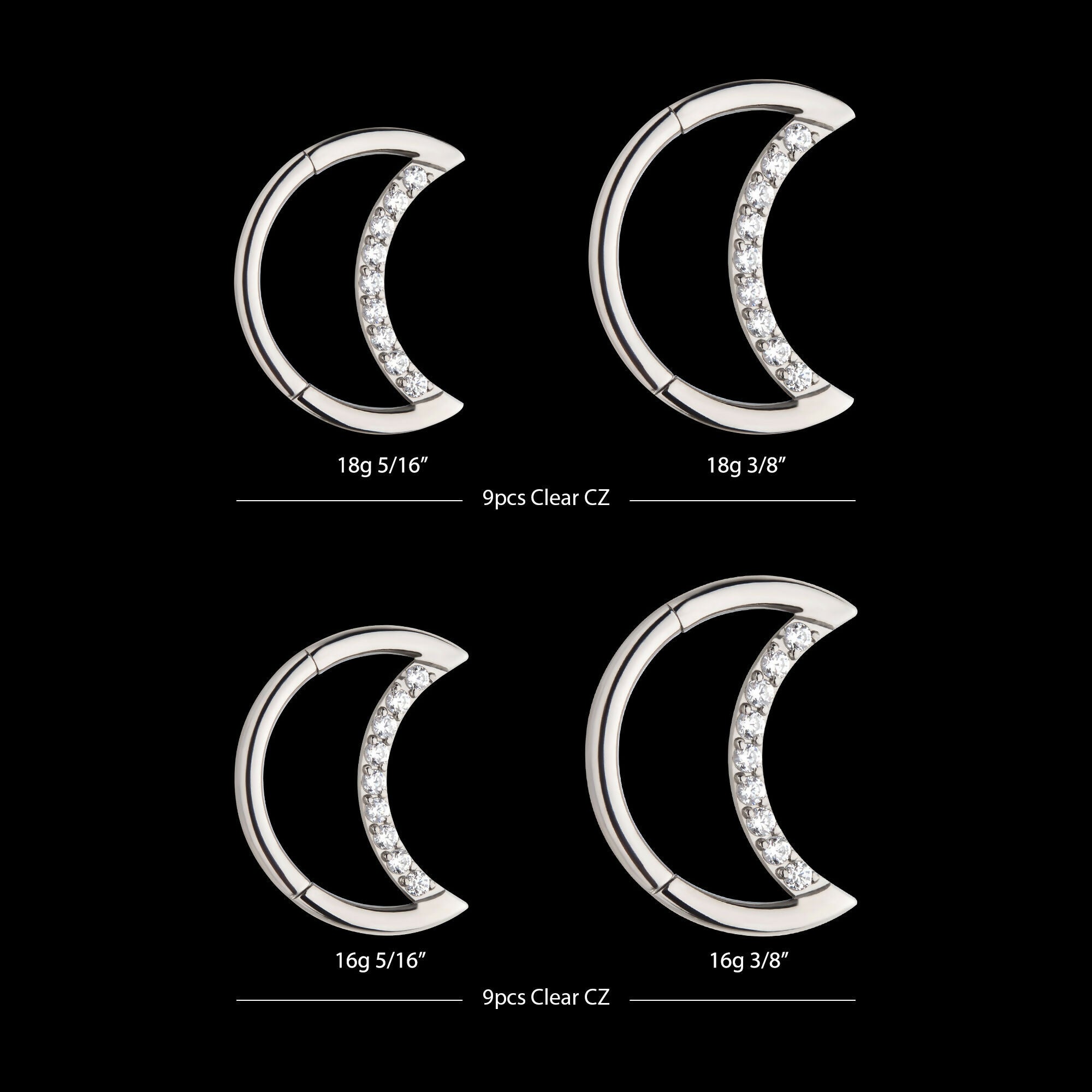 Crescent Moon with CZ Front Facing Hinged Segment Clicker Hoop Earring / Nosering – Titanium