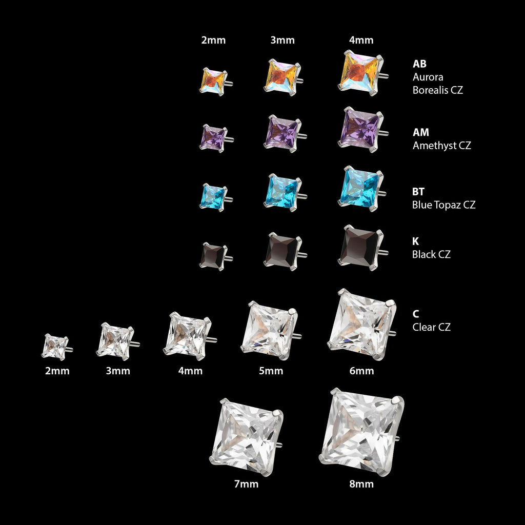 Titanium Threadless 4 Prong Princess Cut Gem Top