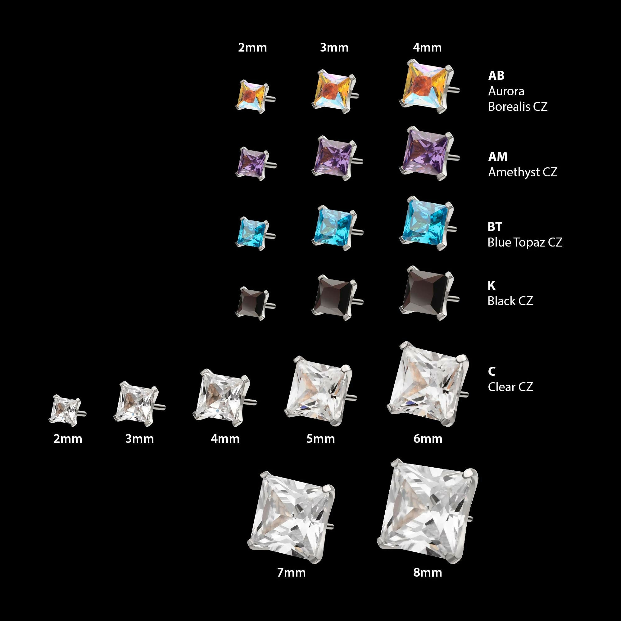 Titanium Threadless 4 Prong Princess Cut Gem Top