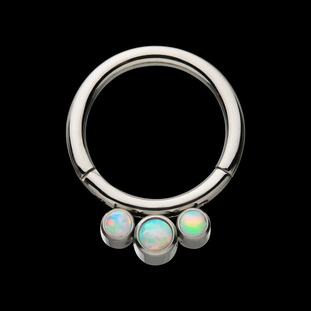 Petite 3 Bezel Set White Opal Stones Set On Hinged Segment Clicker Hoop Earring / Nosering – Titanium