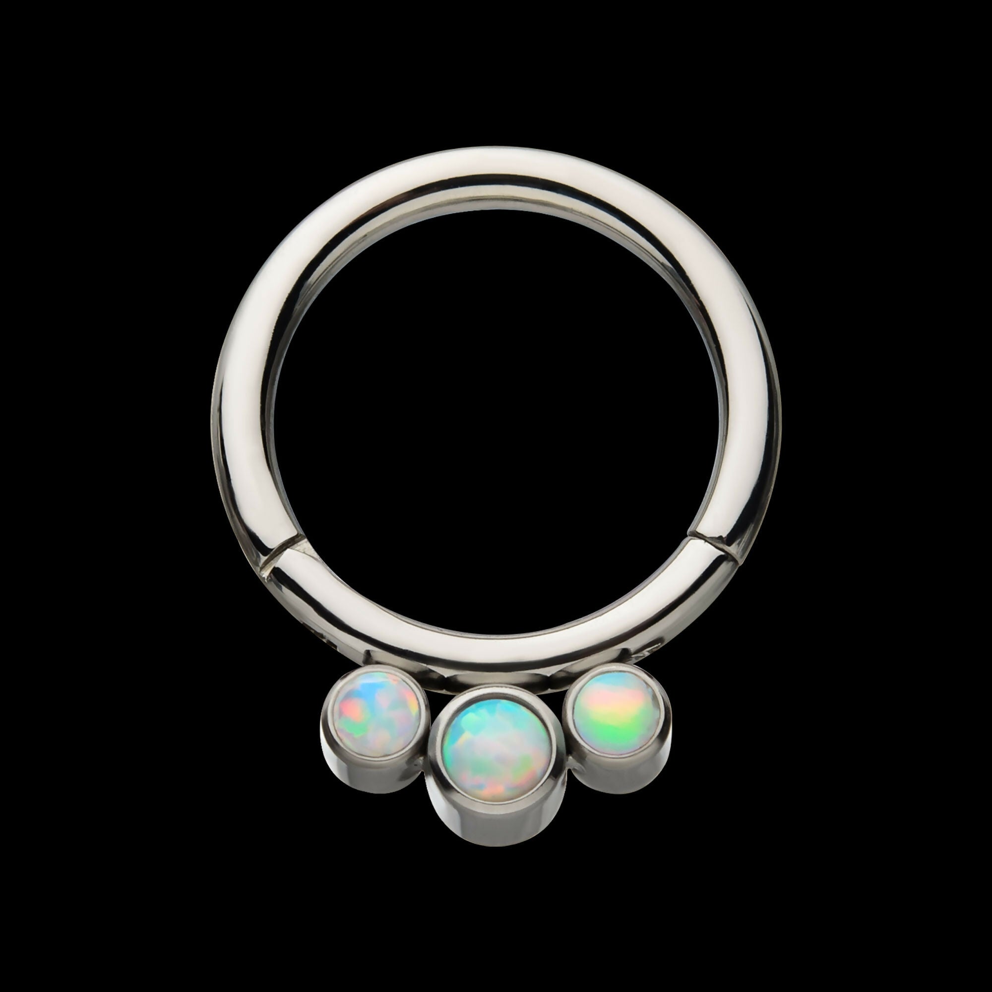 Petite 3 Bezel Set White Opal Stones Set On Hinged Segment Clicker Hoop Earring / Nosering – Titanium
