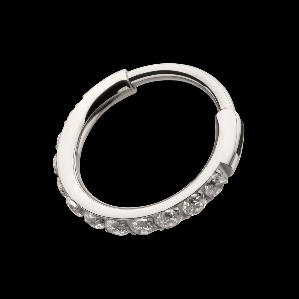 CNC Set Full Clear CZ Eternity Gem with Thicker Outer Hoop Side Facing Hinged Segment Clicker Earring / Nosering – Titanium