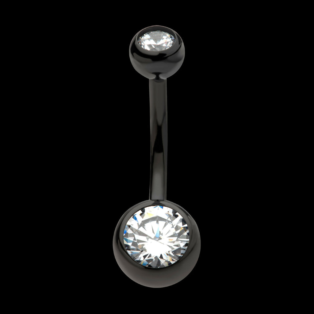 Black PVD Titanium Internally Threaded Bezel Set Double CZ Fixed Bottom Navel Ring Earring / Nosering