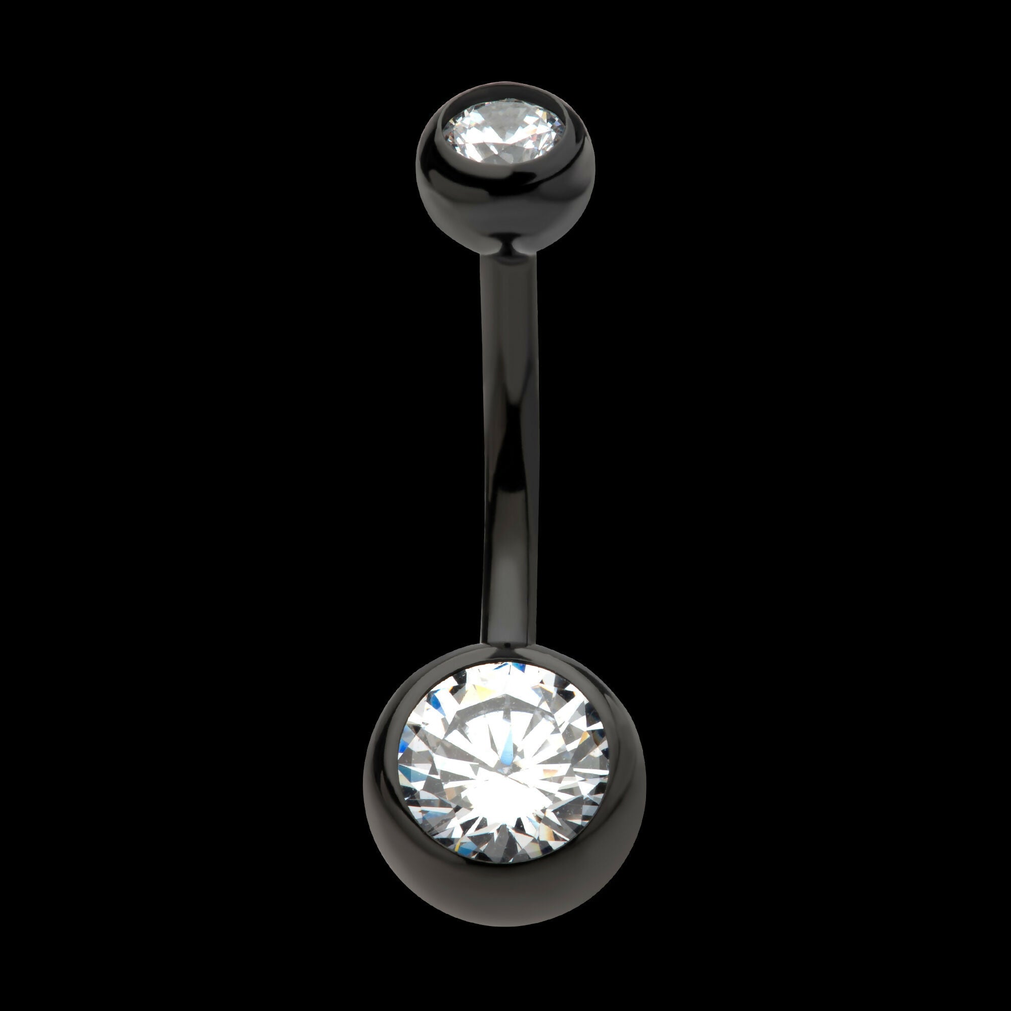 Black PVD Titanium Internally Threaded Bezel Set Double CZ Fixed Bottom Navel Ring Earring / Nosering
