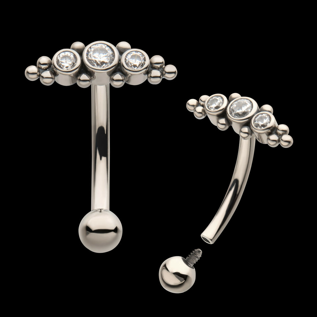 Internally Threaded with Beaded Bezel Set CZ 3-Cluster Fixed Top Curved Barbell Earring / Nosering – Titanium