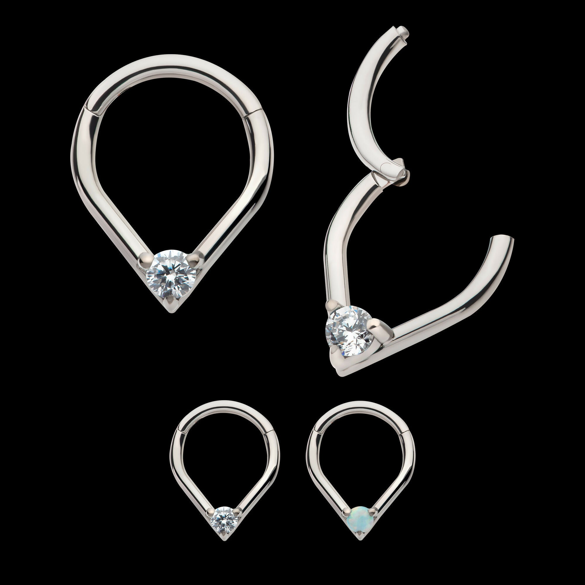 Prong Set Round CZ/Opal Front Facing Hinged Segment Clicker Hoop Earring / Nosering – Titanium