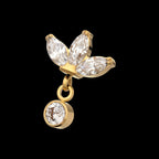 24KT Gold PVD Titanium Threadless 3 Marquise Fan Top with Bezel Gem Dangle