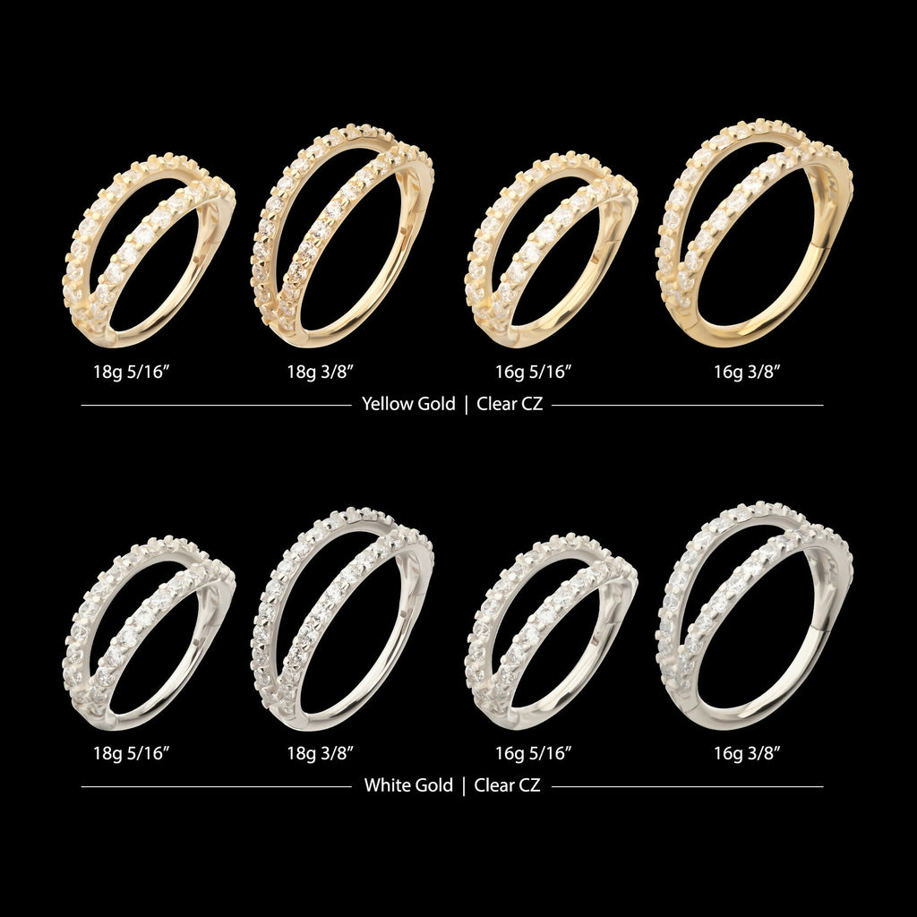 Double Hoop with CNC Set Full Gem Side Facing Hinged Segment Clicker Earring / Nosering – 14Kt Gold