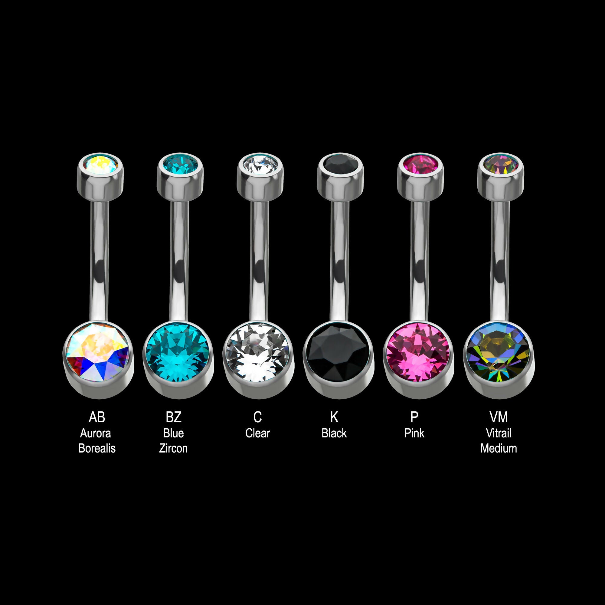 Internally Threaded with Flat Back Round Bezel Set Swarovski Crystal Navel Curves Earring / Nosering – Titanium