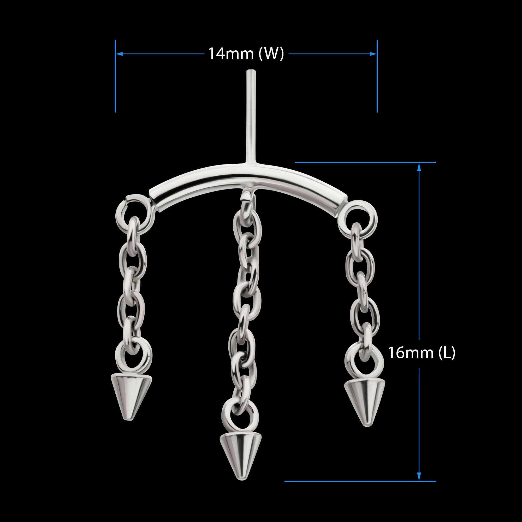 Titanium Threadless Hidden Helix Curved Bar Top with 3 Spiked Chain Dangle