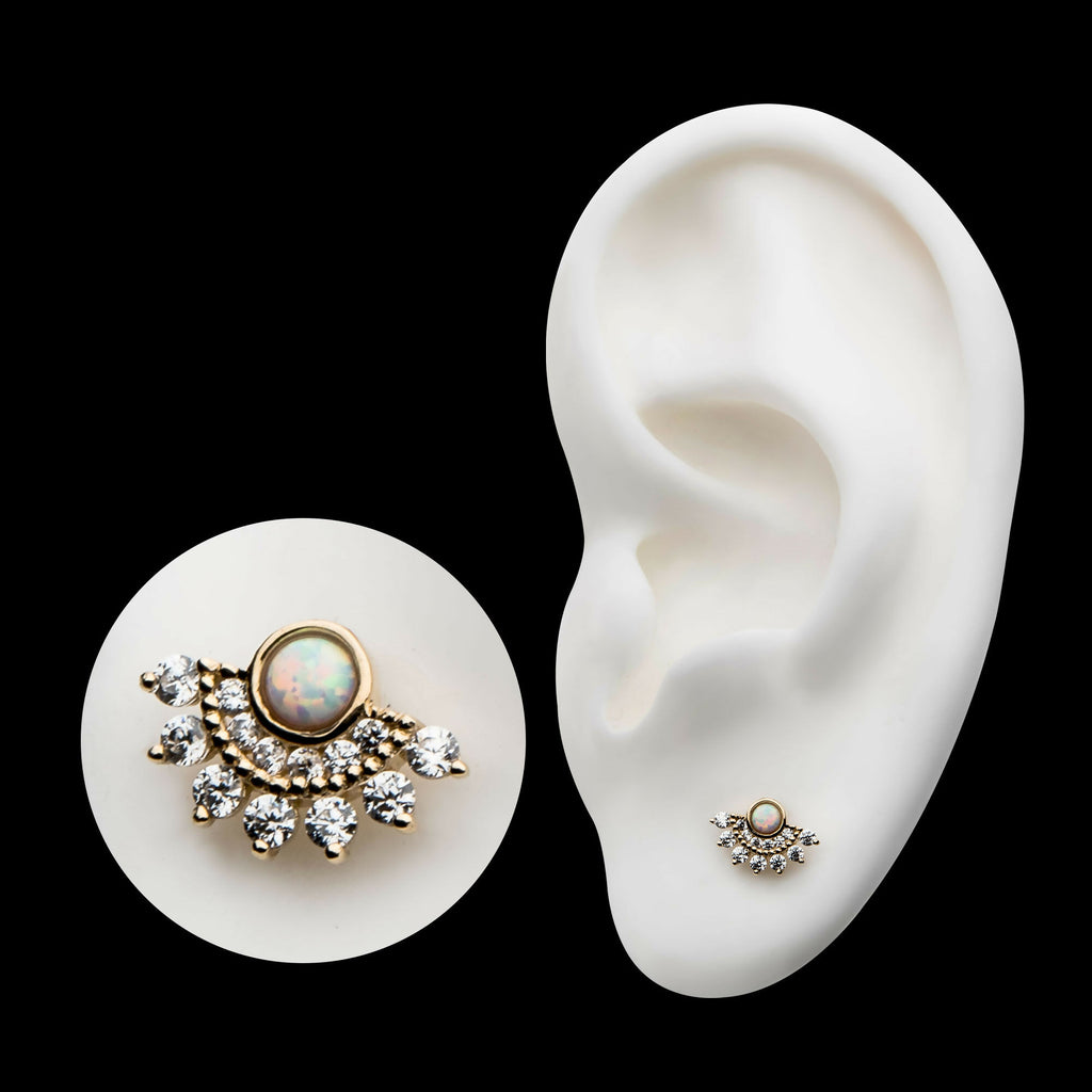 14Kt Yellow Gold Threadless with Bezel Set White Synthetic Opal & Prong Set Clear CZ Fan Cluster Top