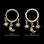 Triple Dangle Charm Clear CZ Stars & Opal Crescent Moon Hinged Segment Clicker Hoop Earring / Nosering – 14Kt Yellow Gold