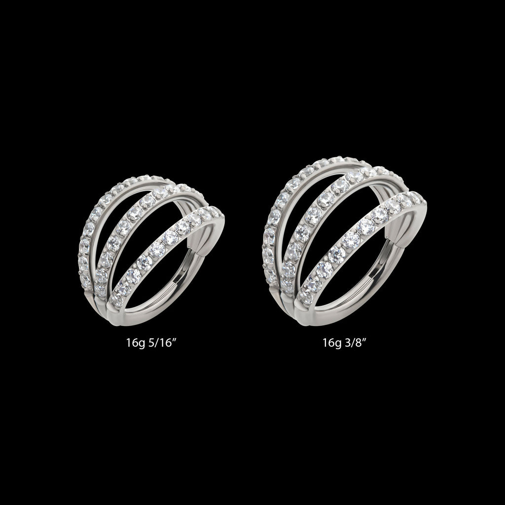Triple Hoop with CNC Set 1mm Round Gem Side Facing Hinged Segment Clicker Earring / Nosering – Titanium
