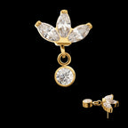 24KT Gold PVD Titanium Threadless 3 Marquise Fan Top with Bezel Gem Dangle