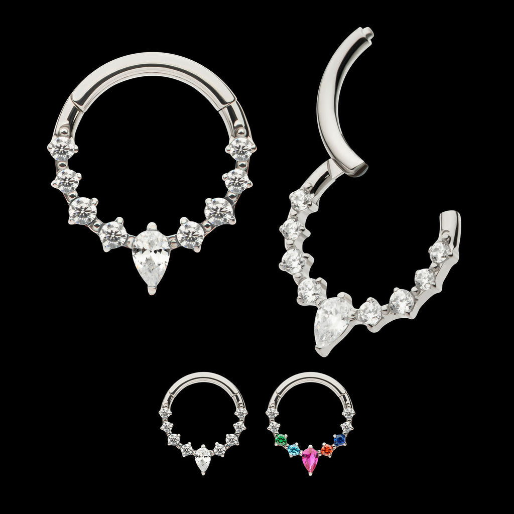 9-Cluster Prong Set Round & Teardrop CZ Front Facing Hinged Segment Clicker Hoop Earring / Nosering – Titanium