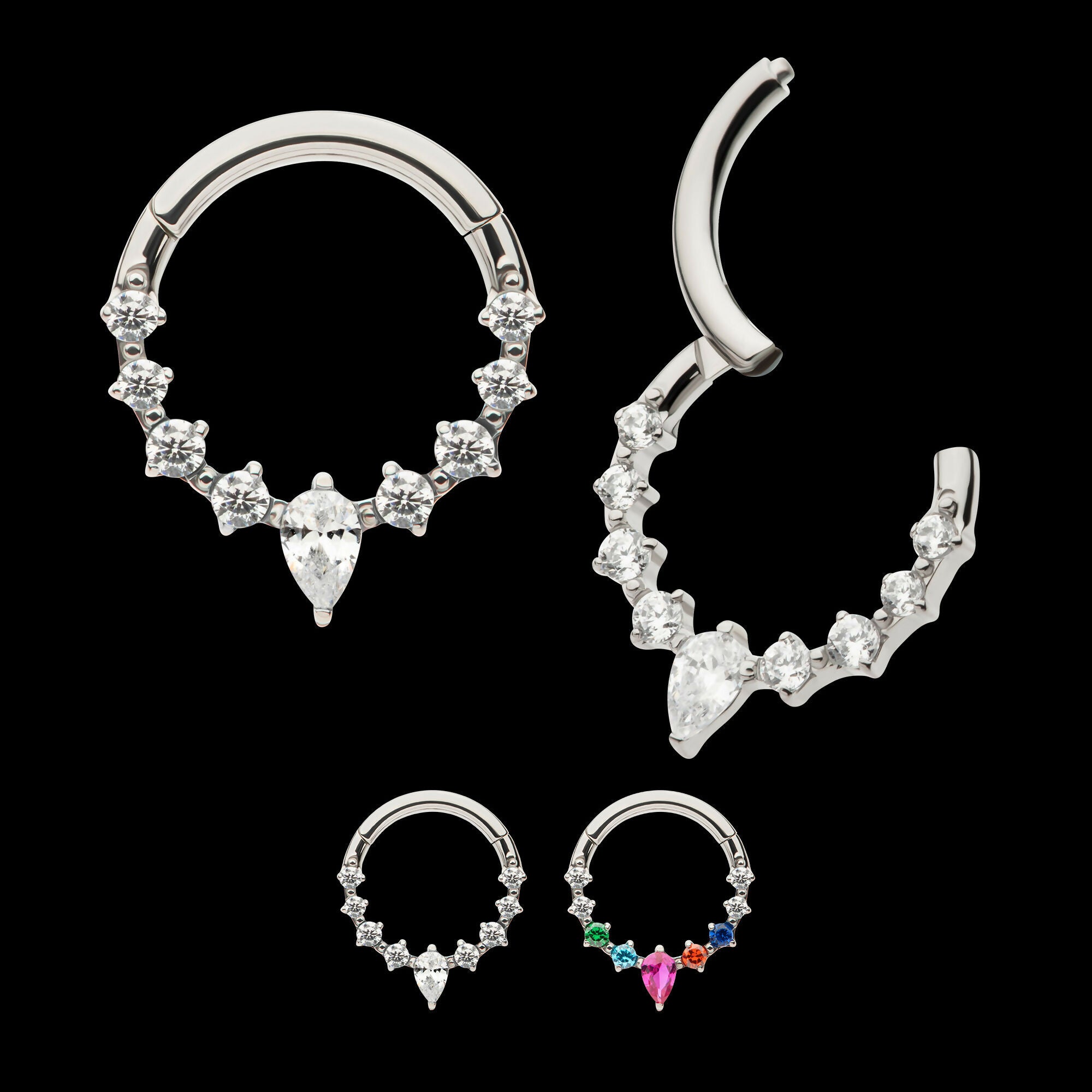 9-Cluster Prong Set Round & Teardrop CZ Front Facing Hinged Segment Clicker Hoop Earring / Nosering – Titanium