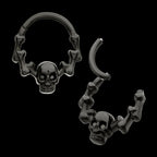 Black PVD Titanium Skull & Bone with Black CZ Gem Eyes Front Facing Hinged Segment Clicker Hoop Earring / Nosering