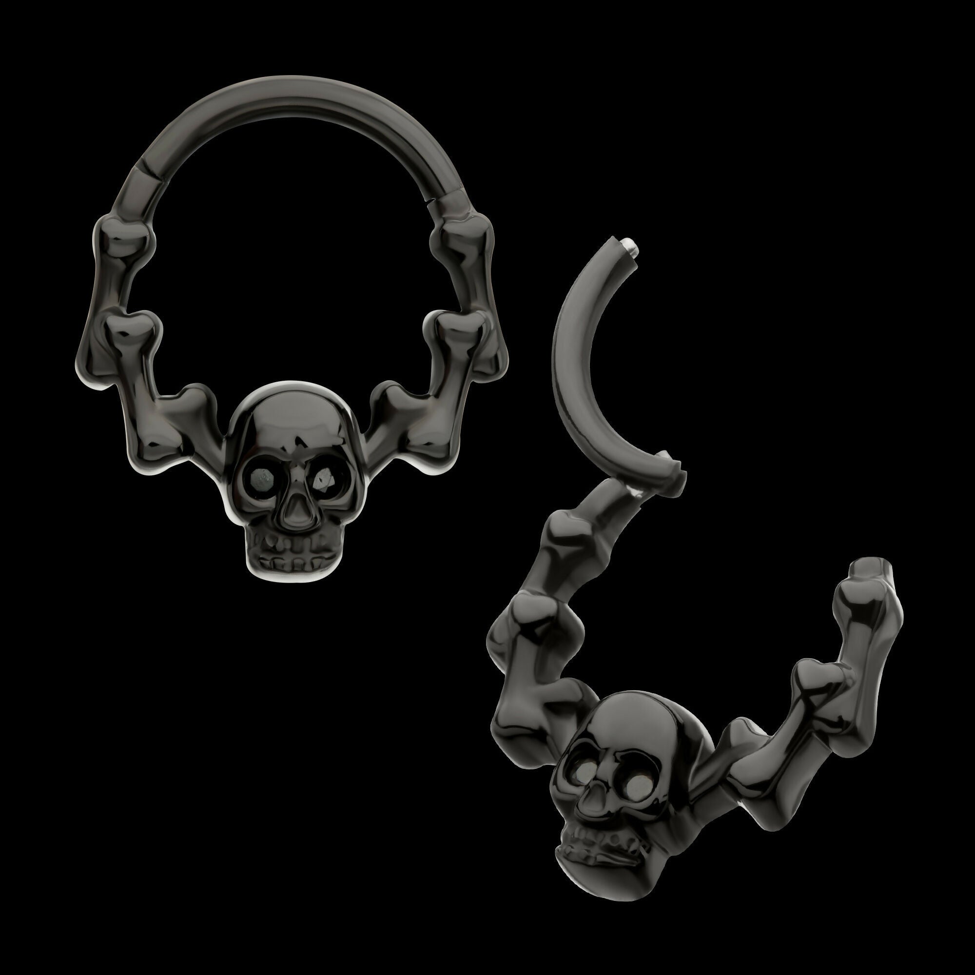 Black PVD Titanium Skull & Bone with Black CZ Gem Eyes Front Facing Hinged Segment Clicker Hoop Earring / Nosering