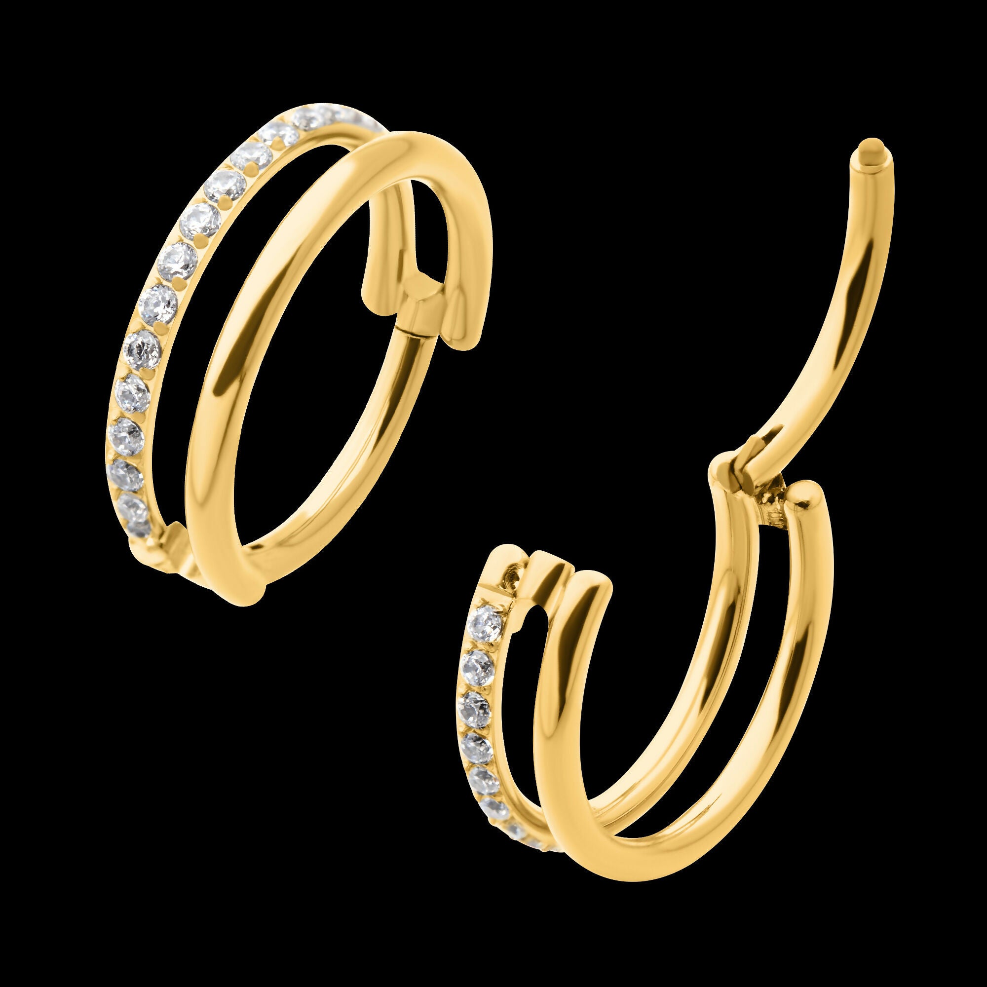 24Kt Gold PVD Titanium Side Facing Hinged Segment Clicker with Single Hoop Full Clear CNC Set Round CZ Earring / Nosering