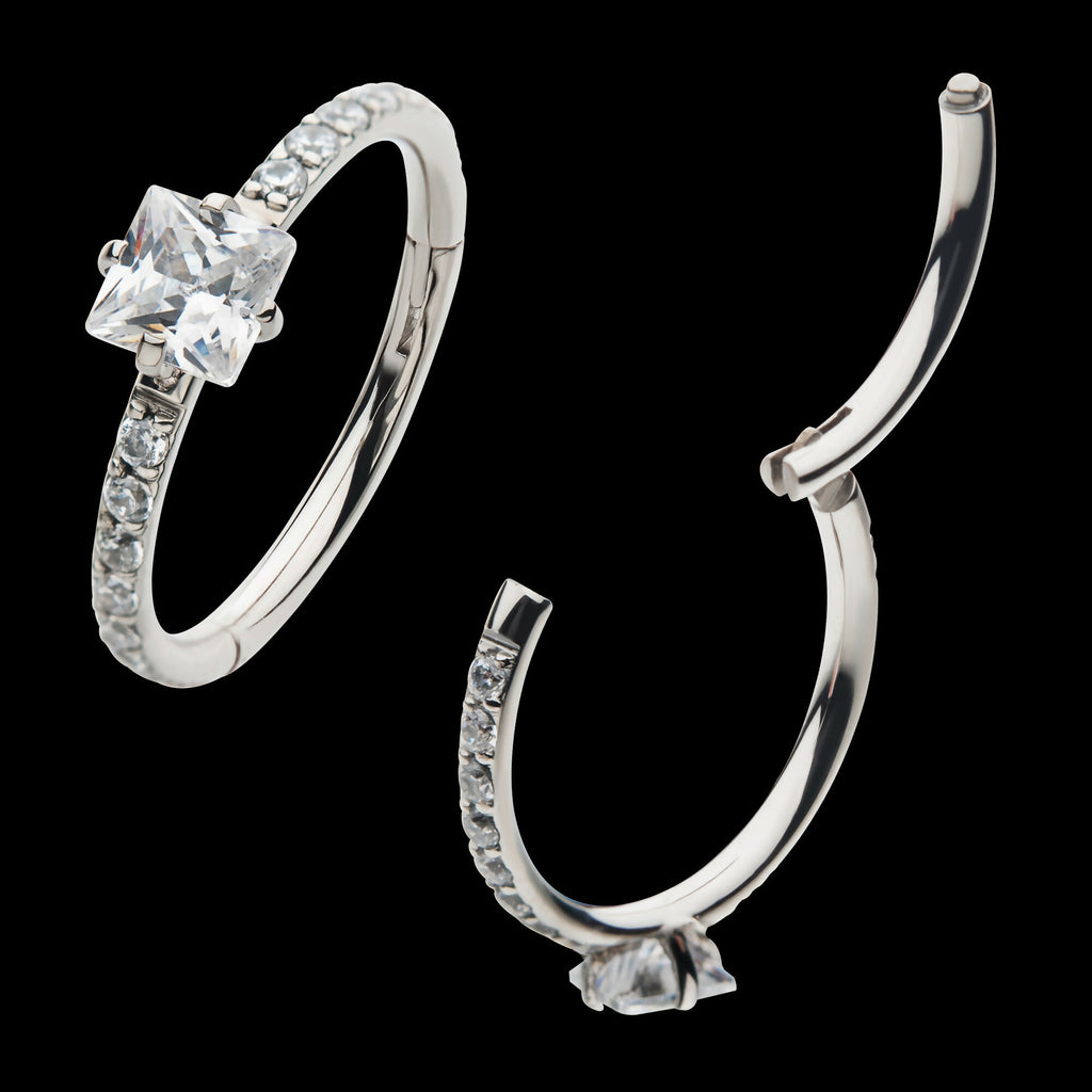Centerpiece Prong Set Square Clear CZ Eternity Side Facing Hinged Segment Clicker Hoop Earring / Nosering – Titanium