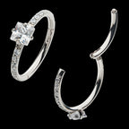 Centerpiece Prong Set Square Clear CZ Eternity Side Facing Hinged Segment Clicker Hoop Earring / Nosering – Titanium