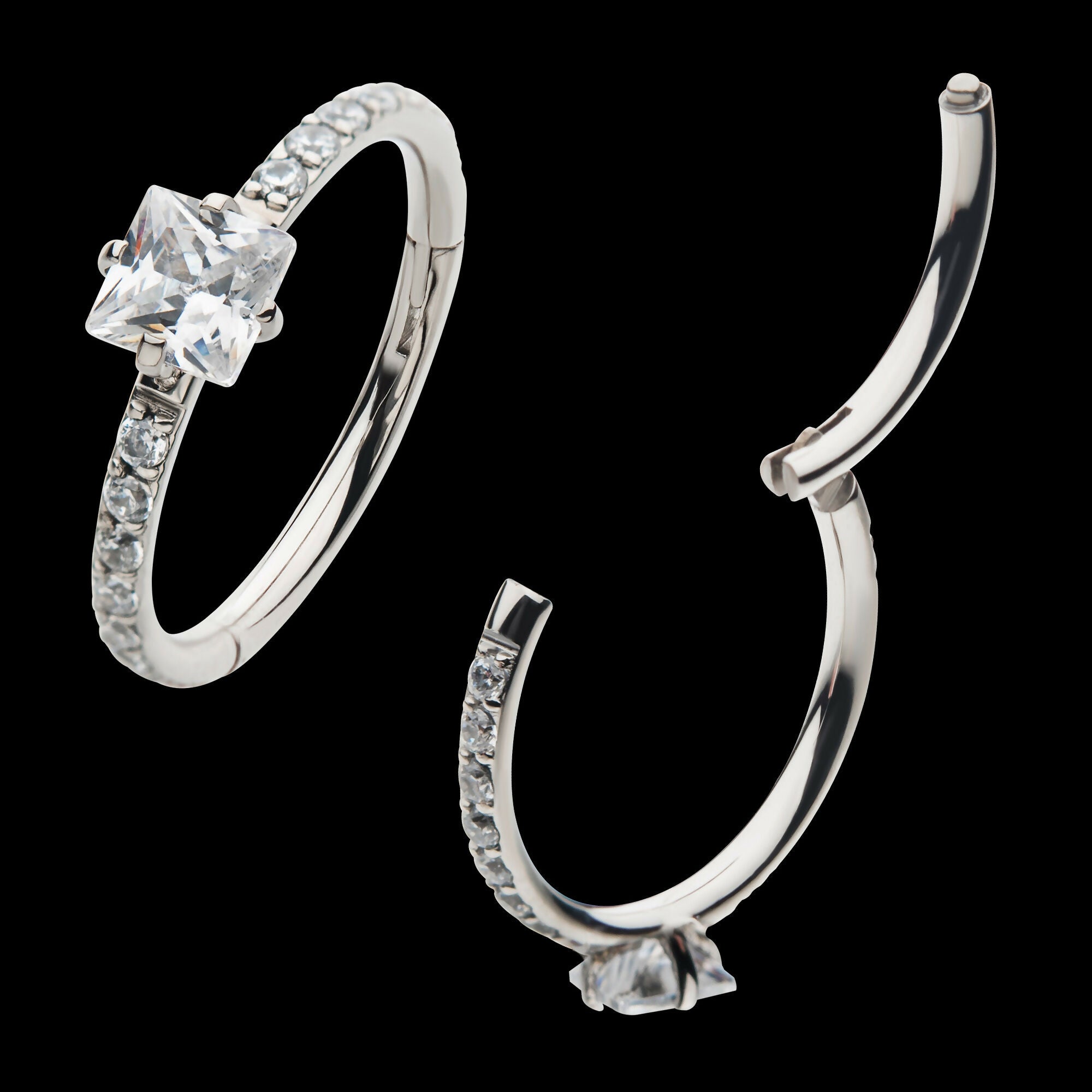 Centerpiece Prong Set Square Clear CZ Eternity Side Facing Hinged Segment Clicker Hoop Earring / Nosering – Titanium