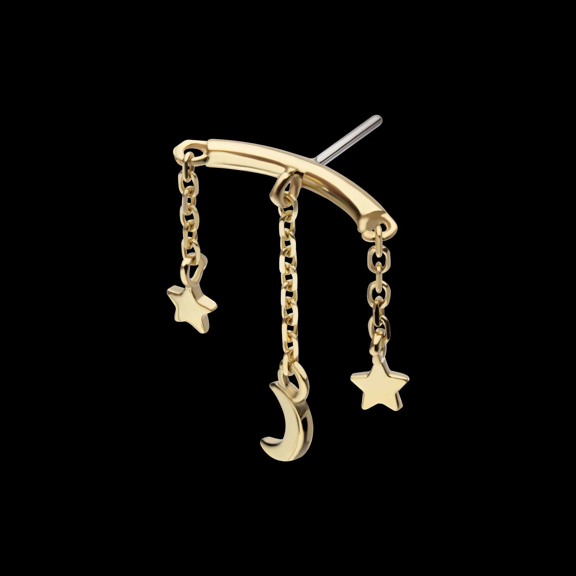14Kt Yellow Gold Threadless Hidden Helix Curved Bar Top with Crescent Moon and Stars Chain Dangle