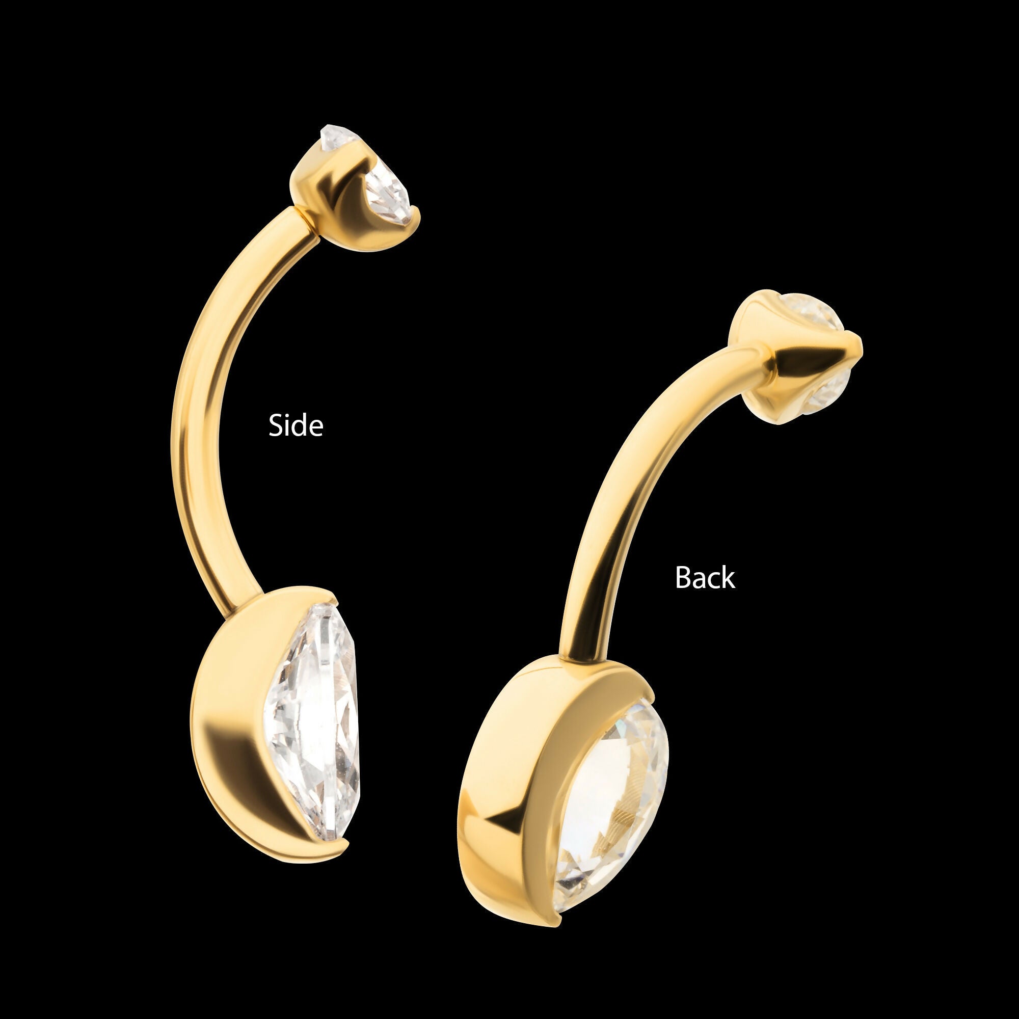 24Kt Gold PVD Titanium Internally Threaded Double Gem with Prong Set Oval Fixed Bottom Navel Earring / Nosering