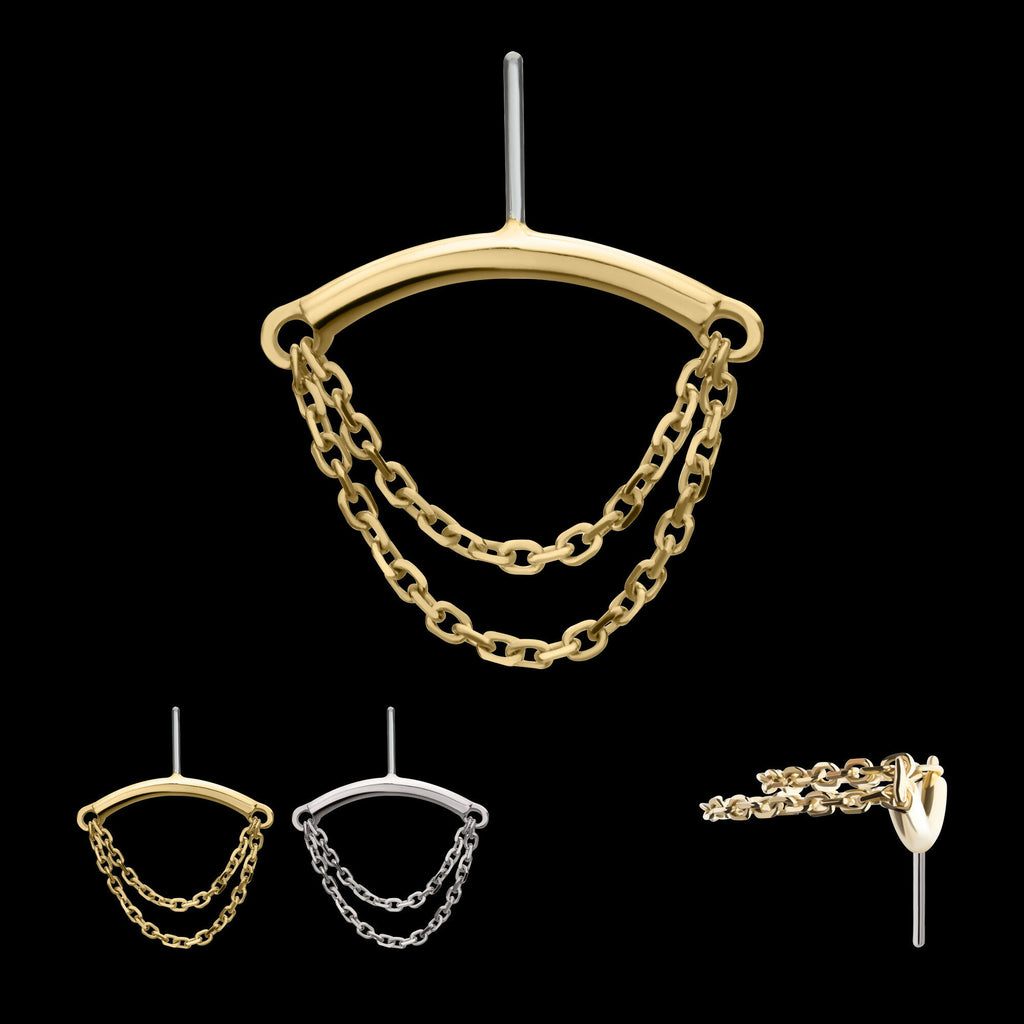 14Kt Gold Threadless Hidden Helix Curved Bar Top with 2-Tier Chain Dangle