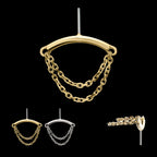 14Kt Gold Threadless Hidden Helix Curved Bar Top with 2-Tier Chain Dangle