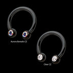 Black PVD Titanium Internally Threaded Forward Facing Bezel Set Round Gem Circular Barbell Earring / Nosering