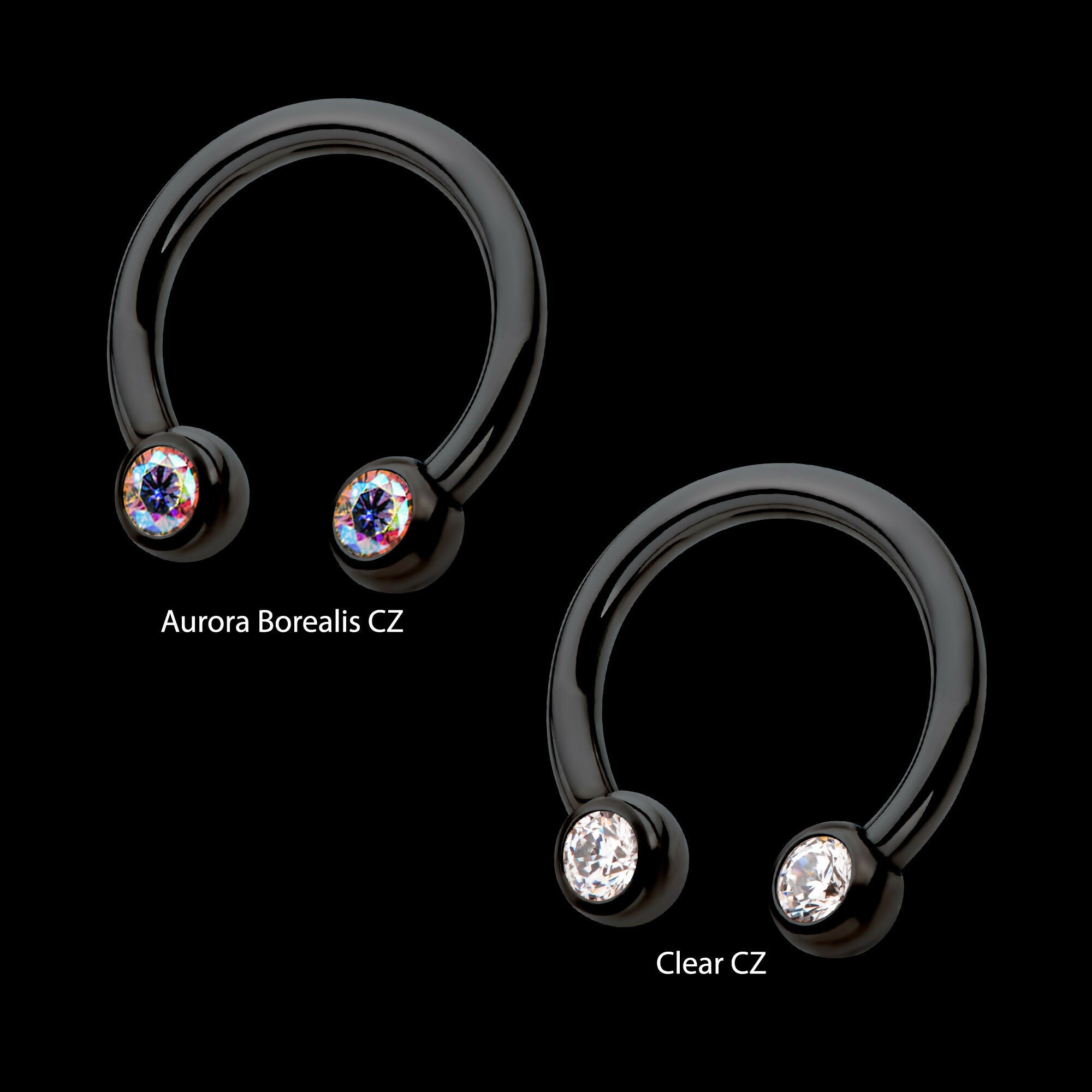 Black PVD Titanium Internally Threaded Forward Facing Bezel Set Round Gem Circular Barbell Earring / Nosering