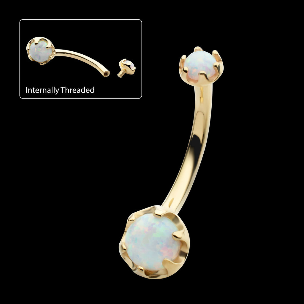 Internally Threaded Double Round 6-Prong White Opal Fixed Bottom Navel Earring / Nosering – 14Kt Yellow Gold