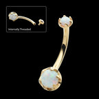 Internally Threaded Double Round 6-Prong White Opal Fixed Bottom Navel Earring / Nosering – 14Kt Yellow Gold