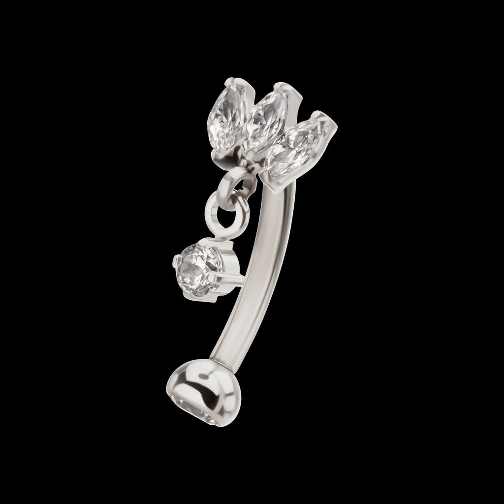 Internally Threaded V-Prong Triple Marquise Gem Fixed Top Curved Barbell with Floating Prong Gem Dangle Earring / Nosering – Titanium