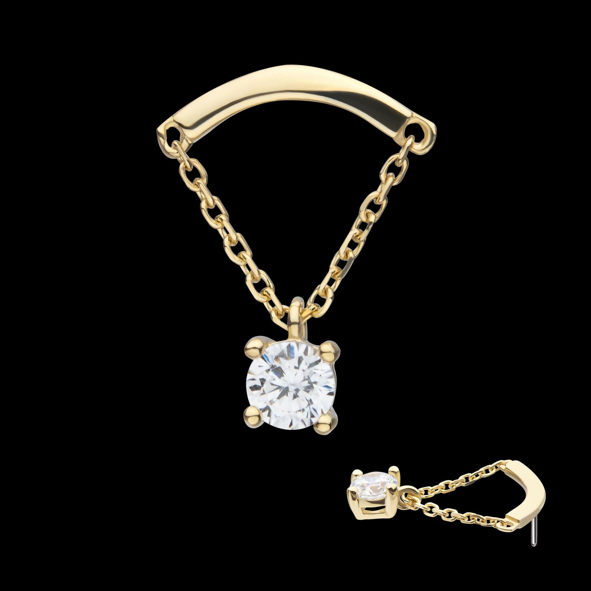 14Kt Yellow Gold Threadless Curved Bar Top with 4-Prong Gem Dangle