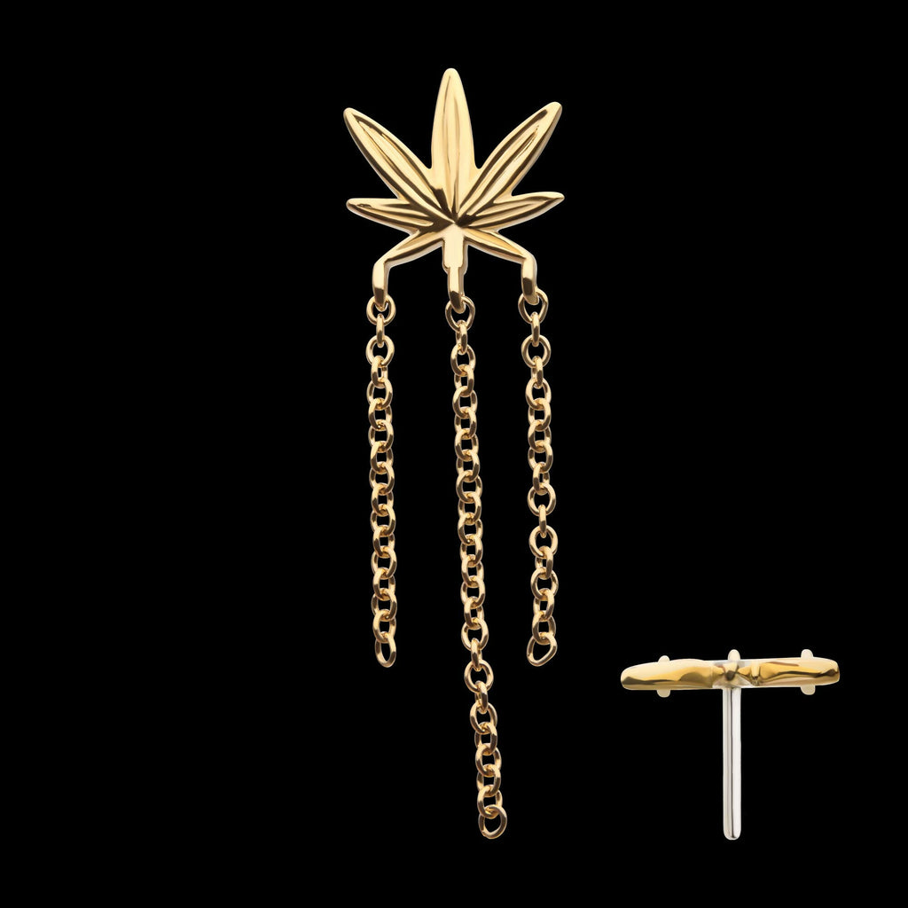 14Kt Yellow Gold Threadless Pot Leaf Top with Dangle Chains