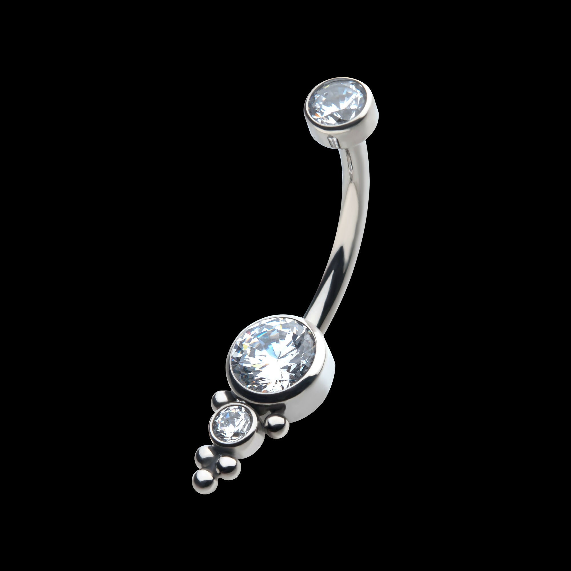 Internally Threaded with Tri Bead Bezel Set CZ Cluster Navel Curve Earring / Nosering – Titanium
