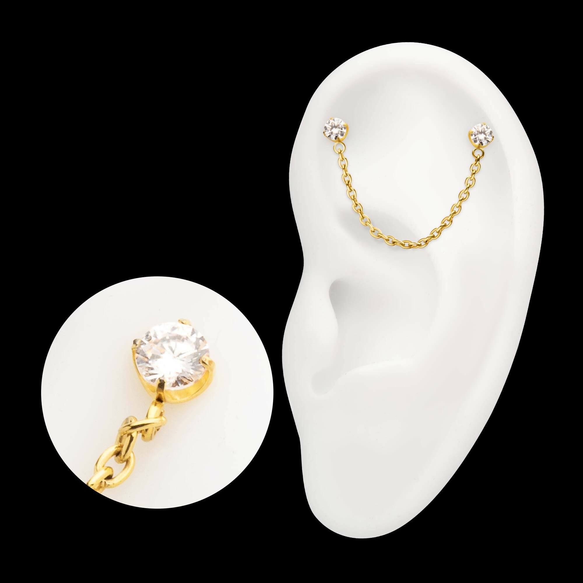 24Kt Gold PVD Titanium Threadless Double Prong Set Gem Top with Rolo Chain Dangle