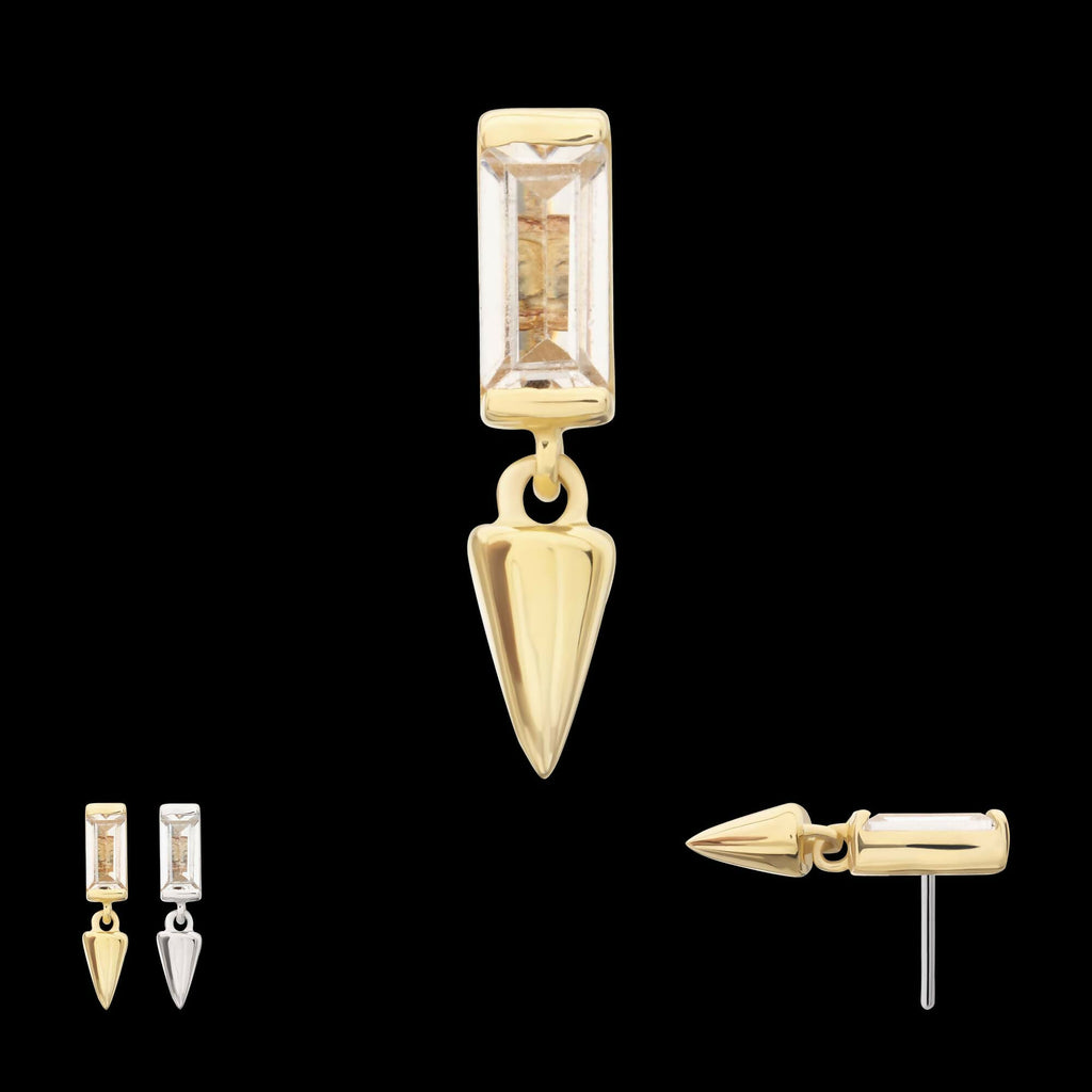 14Kt Gold Threadless Bezel Baguette Gem Top with Spike Dangle