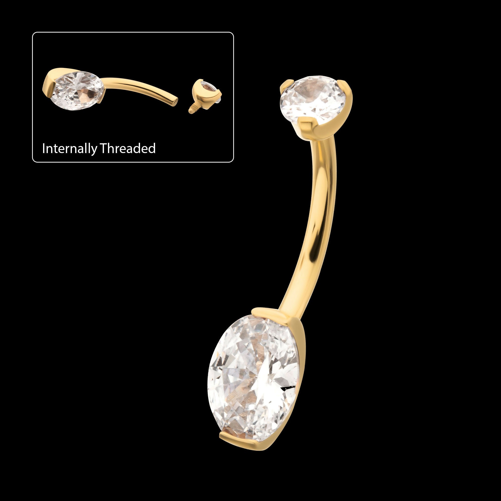 24Kt Gold PVD Titanium Internally Threaded Double Gem with Prong Set Oval Fixed Bottom Navel Earring / Nosering