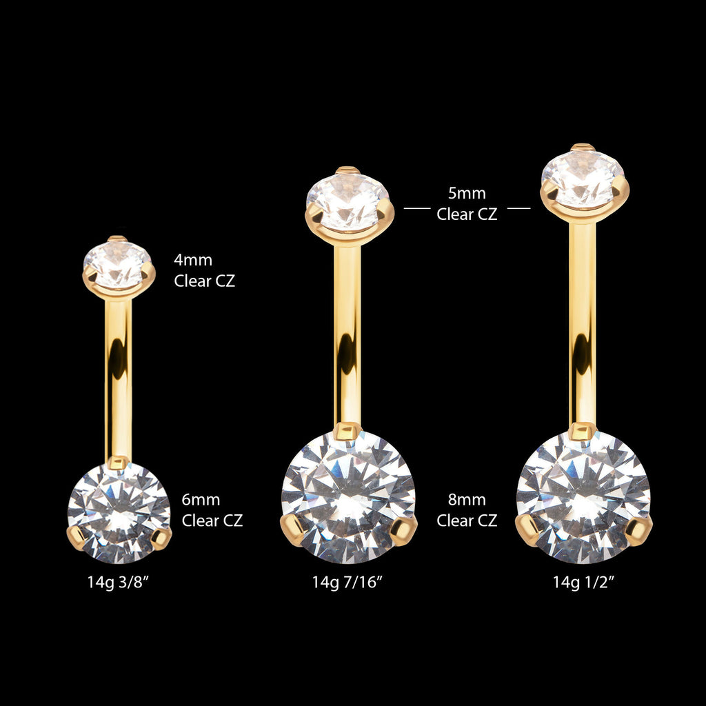 24KT Gold PVD Titanium Internally Threaded Double Prong Set Clear CZ Fixed Bottom Navel Earring / Nosering